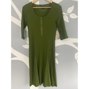 Lauren Ralph Lauren Cotton Ribbed Dress M Roll Tab Sleeve Flared Skirt Y2K Midi